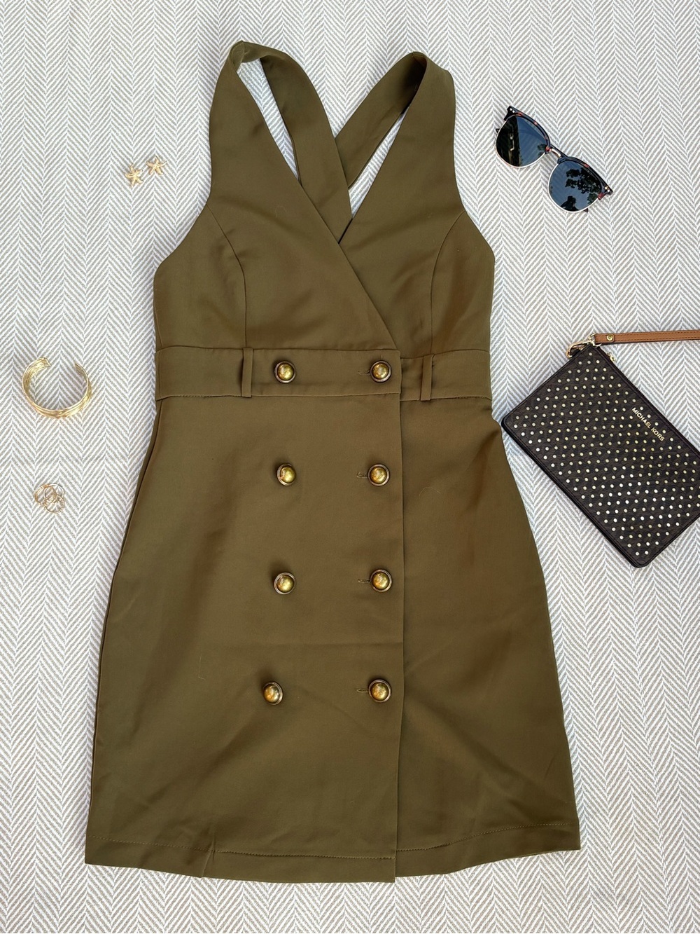 Olive Green Double-Breasted Sleeveless Dress